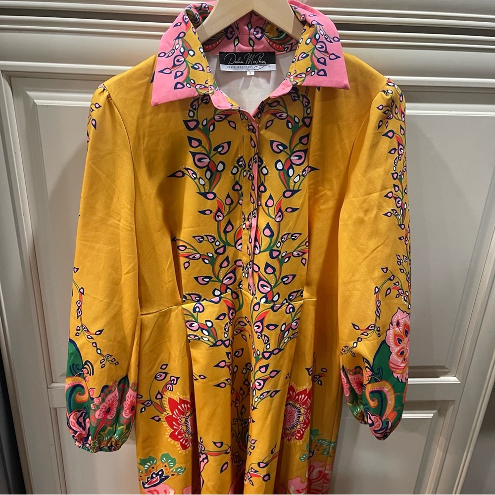 Dalia MacPhee Boho Large Printed Midi Colorful Floral Yellow Dress Long Sleeve